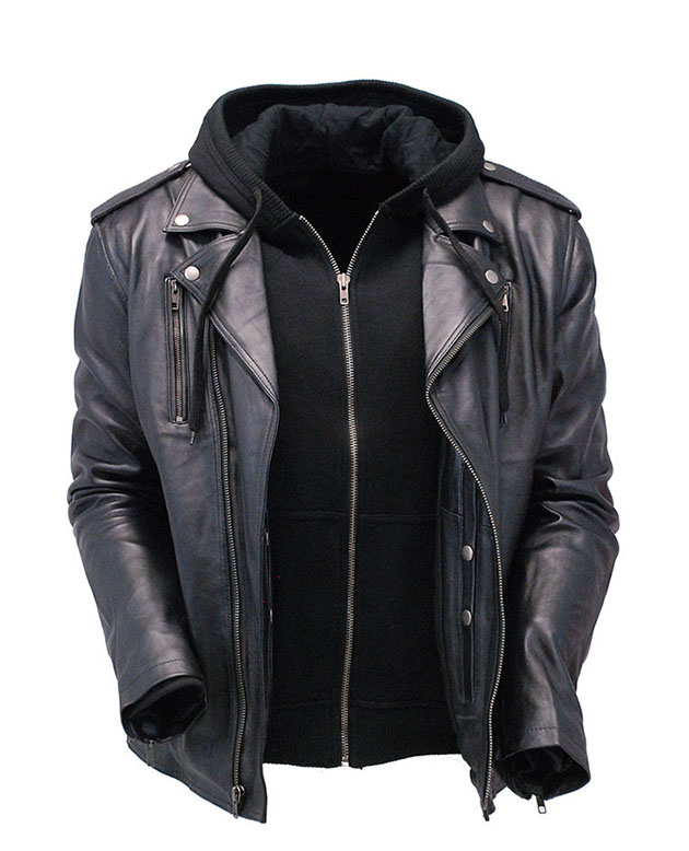Black Leather Hooded Jacket Men's - Bomber Leather Jackets