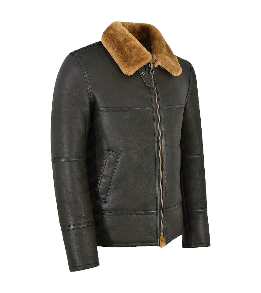 Black Leather Shearling Jacket Mens - Bomber Leather Jackets